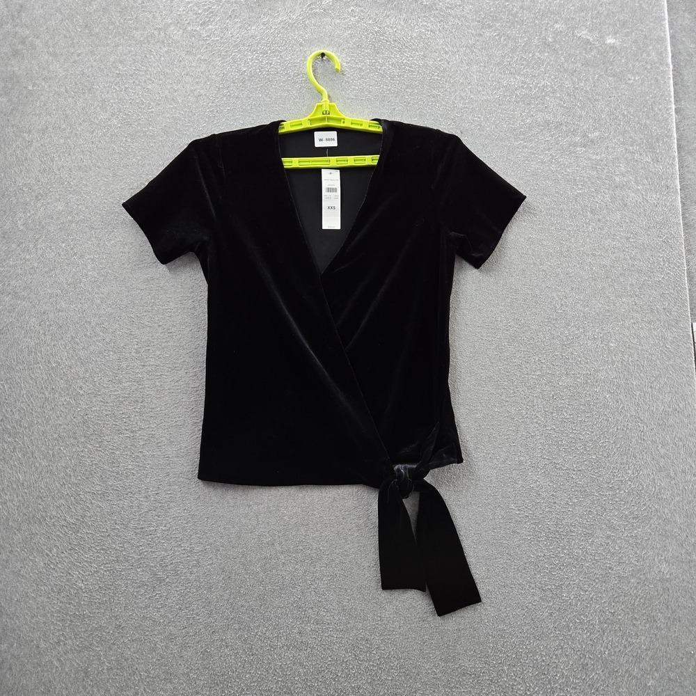 Ann Taylor Women Blouse XXS Black Tie V-Neck Velvet Short Sleeve NWT